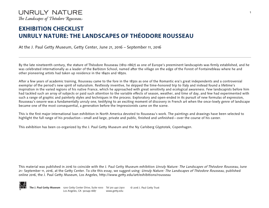Exhibition Checklist Unruly Nature: the Landscapes of Théodore Rousseau