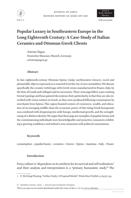 Popular Luxury in Southeastern Europe in the Long Eighteenth Century: a Case-Study of Italian Ceramics and Ottoman Greek Clients