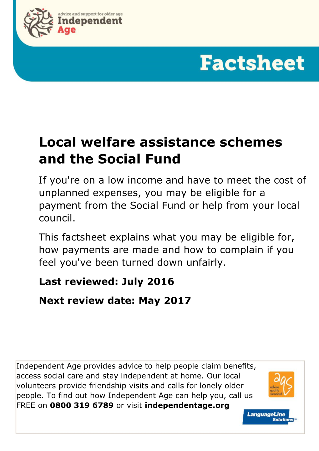 Local Welfare Assistance Schemes and the Social Fund