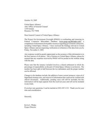 Letter to United Space Alliance