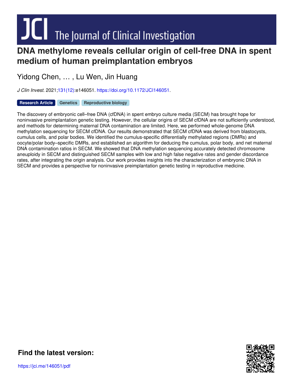 DNA Methylome Reveals Cellular Origin of Cell-Free DNA in Spent Medium of Human Preimplantation Embryos
