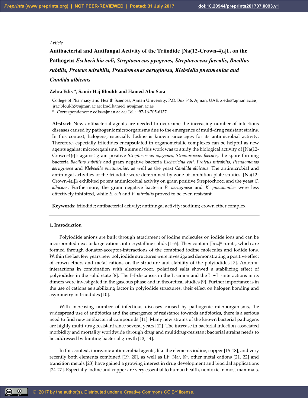 Antibacterial and Antifungal Activity of the Triiodide [Na(12-Crown-4)2]