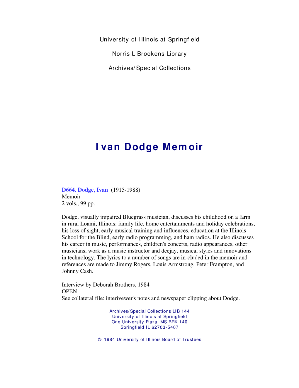 I Van Dodge Memoir