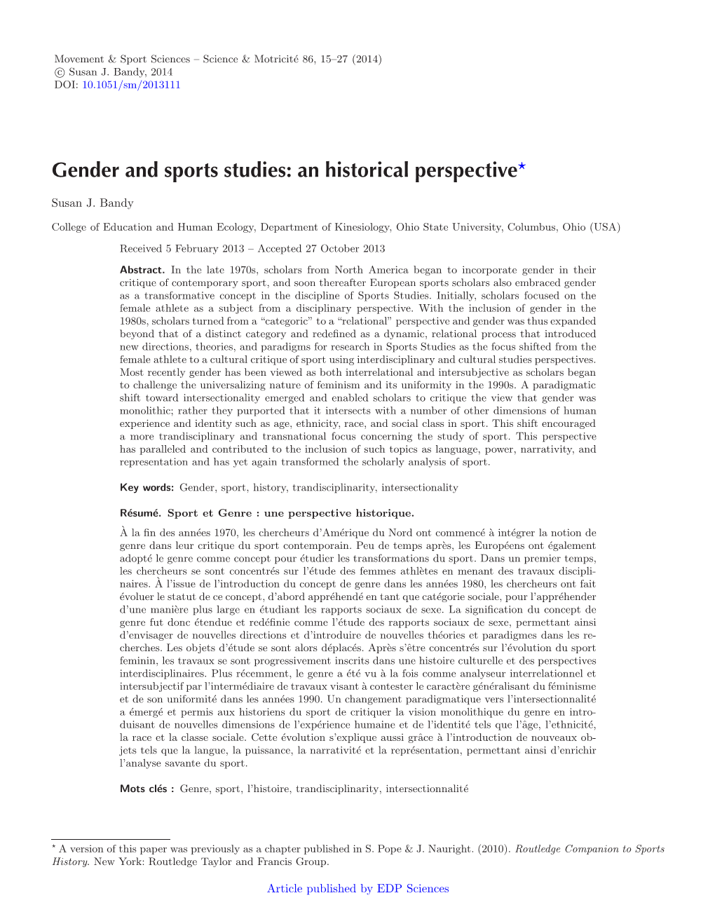 Gender and Sports Studies: an Historical Perspective
