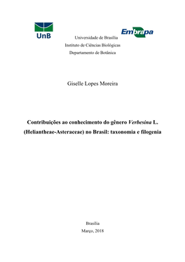 Giselle Lopes Moreira Contribuições Ao Conhecimento Do Gênero Verbesina L. (Heliantheae-Asteraceae) No Brasil: Taxonomia E Fi