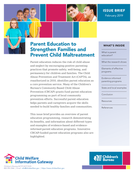 Parent Education to Strengthen Families and Prevent Child Maltreatment