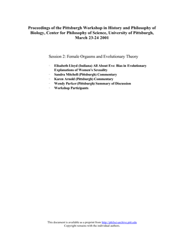 Female Orgasms and Evolutionary Theory Proceedings of the Pittsburgh Workshop in History and Philosophy of Biology, C