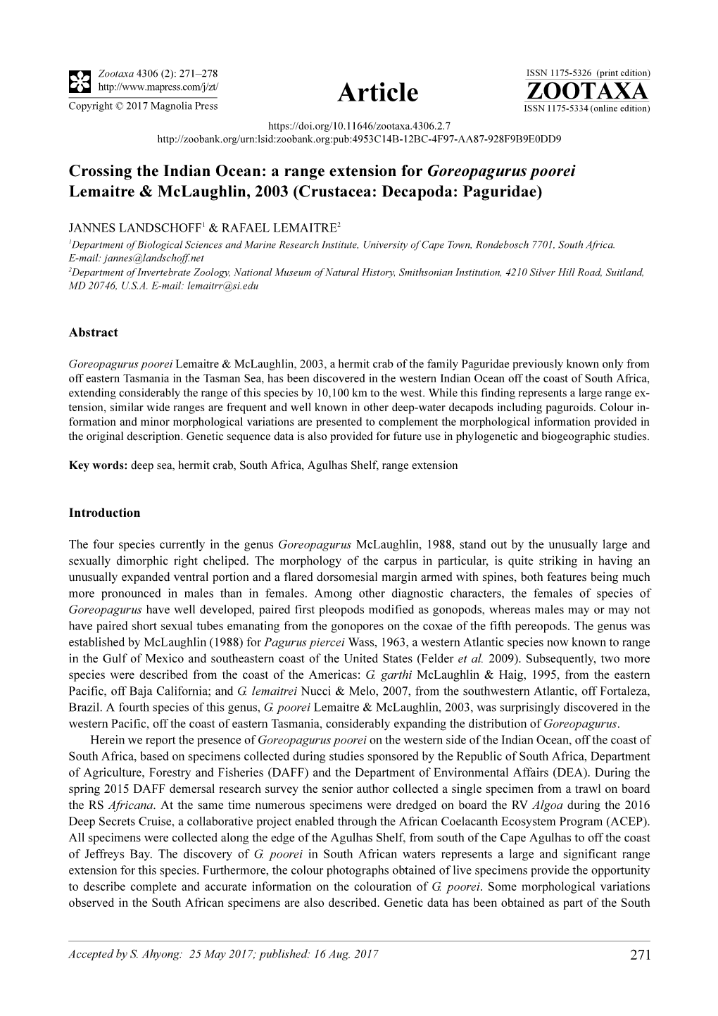 Crossing the Indian Ocean: a Range Extension for Goreopagurus Poorei Lemaitre & Mclaughlin, 2003 (Crustacea: Decapoda: Pagur