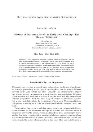 Mathematisches Forschungsinstitut Oberwolfach History of Mathematics