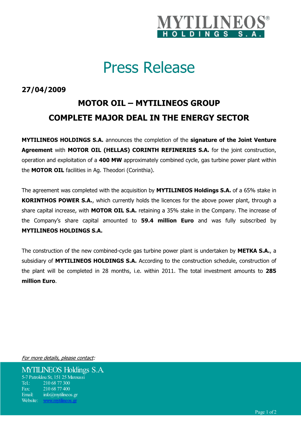 Motor Oil – Mytilineos Group Complete Major Deal in the Energy Sector