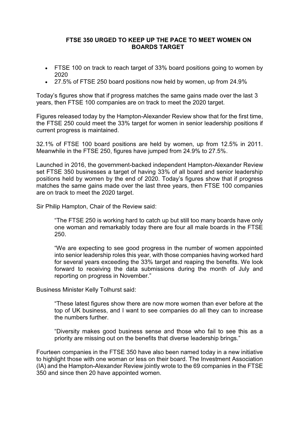 FTSE 350 URGED to KEEP up the PACE to MEET WOMEN on BOARDS TARGET • FTSE 100 on Track to Reach Target of 33% Board Positions G