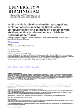 University of Birmingham in Vitro Antimicrobial Combination Testing of and Evolution of Resistance to the First-In-Class Spiropy