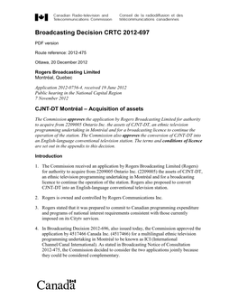 Broadcasting Decision CRTC 2012-697