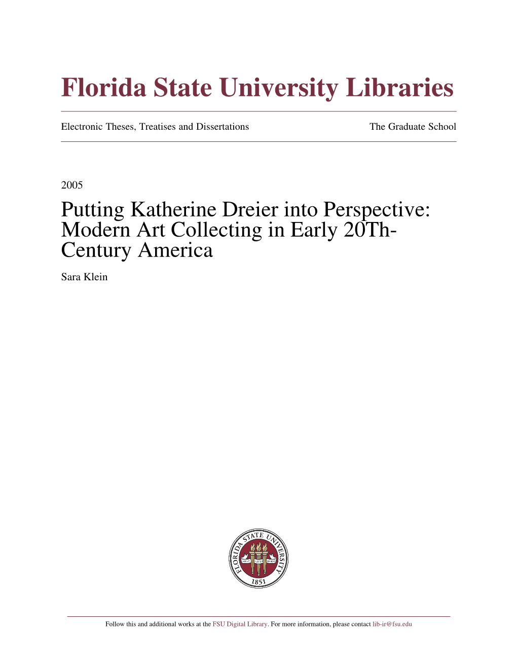 Putting Katherine Dreier Into Perspective: Modern Art Collecting in Early 20Th- Century America Sara Klein