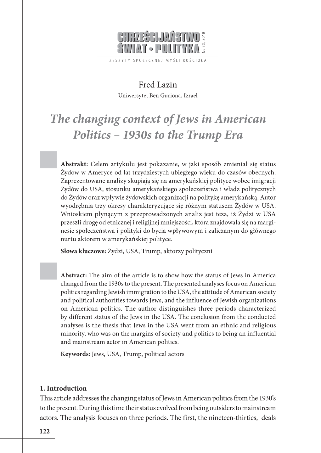 The Changing Context of Jews in American Politics – 1930S to the Trump Era