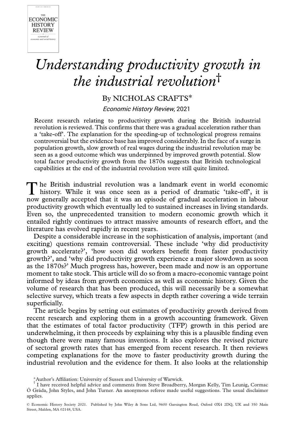 Understanding Productivity Growth in the Industrial Revolution