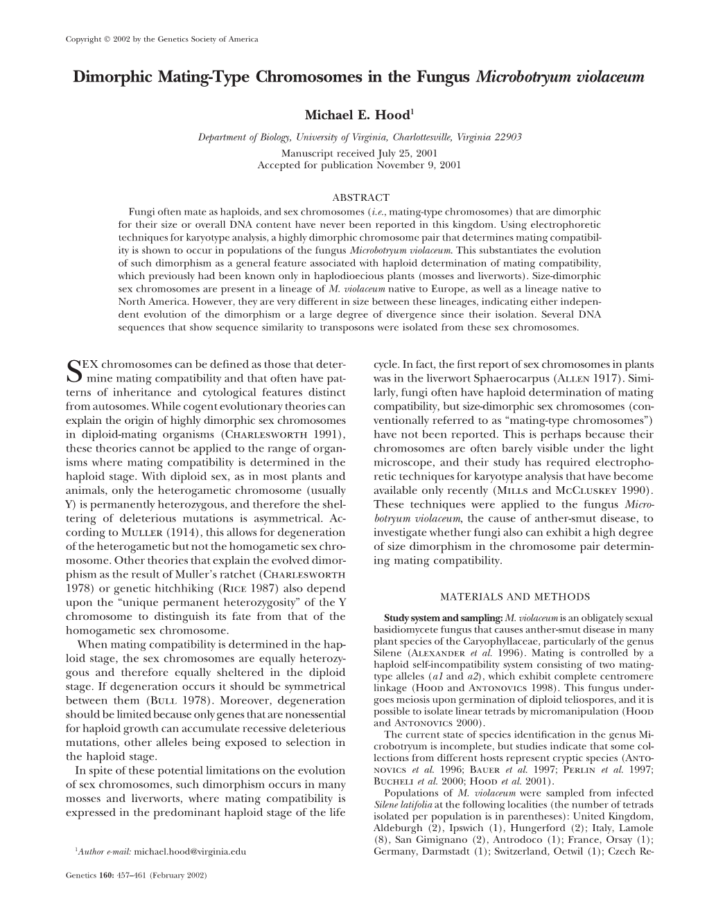 Dimorphic Mating-Type Chromosomes in the Fungus Microbotryum Violaceum