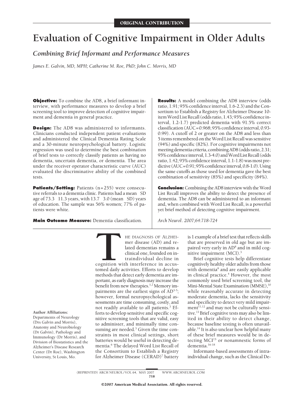 Evaluation of Cognitive Impairment in Older Adults Combining Brief Informant and Performance Measures