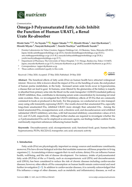 Omega-3 Polyunsaturated Fatty Acids Inhibit the Function of Human URAT1, a Renal Urate Re-Absorber