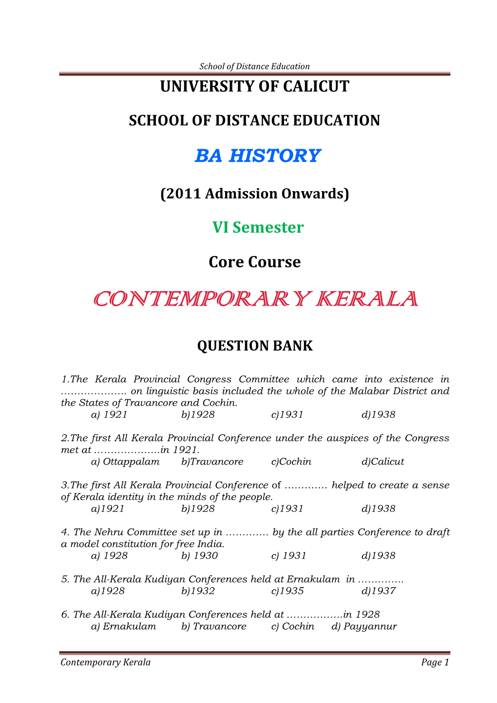 School of Distance Education UNIVERSITY of CALICUT