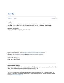 All the World Is Church: the Christian Call in Henri De Lubac