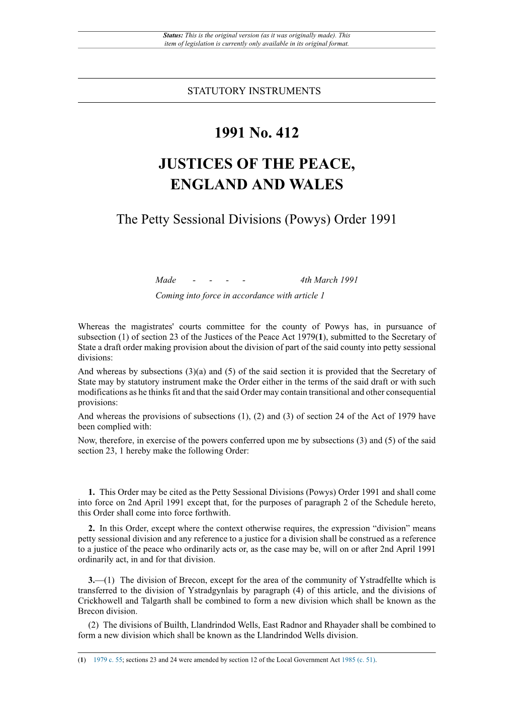 The Petty Sessional Divisions (Powys) Order 1991