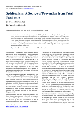 Spiritualism: a Source of Prevention from Fatal Pandemic (A General Estimate) Dr