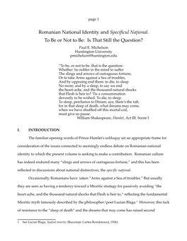 Romanian National Identity and Specificul Național. to Be Or Not to Be: Is That Still the Question? Paul E