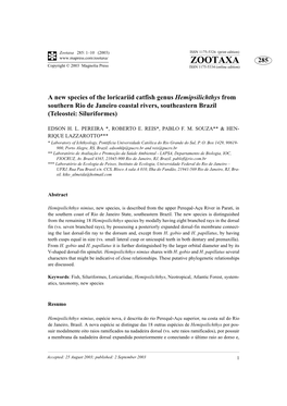 A New Species of the Loricariid Catfish Genus Hemipsilichthys from Southern Rio De Janeiro Coastal Rivers, Southeastern Brazil (Teleostei: Siluriformes)