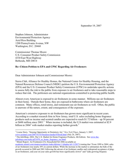 Citizen Petition to EPA and CPSC Regarding Air Fresheners, September 15, 2007