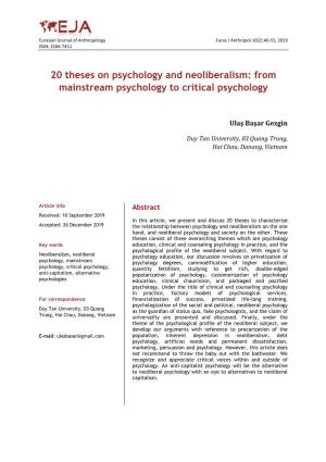 20 Theses on Psychology and Neoliberalism: from Mainstream Psychology to Critical Psychology