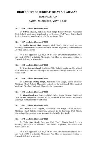 High Court of Judicature at Allahabad Notification Dated: Allahabad: May 11, 2021