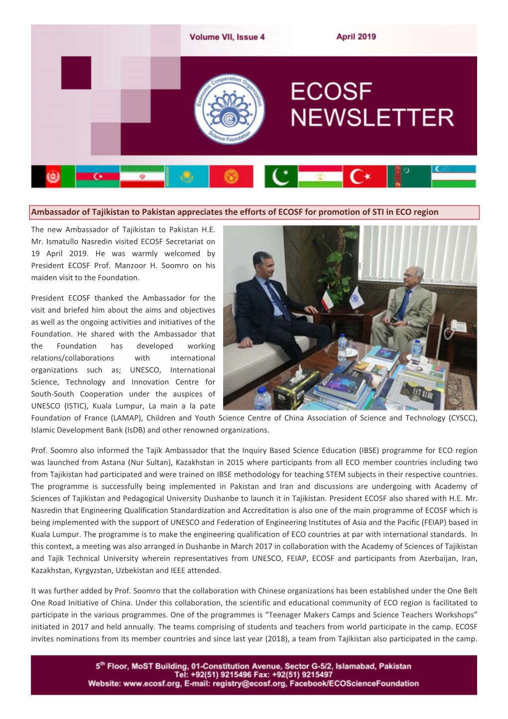 Ambassador of Tajikistan to Pakistan Appreciates the Efforts of ECOSF for Promotion of STI in ECO Region