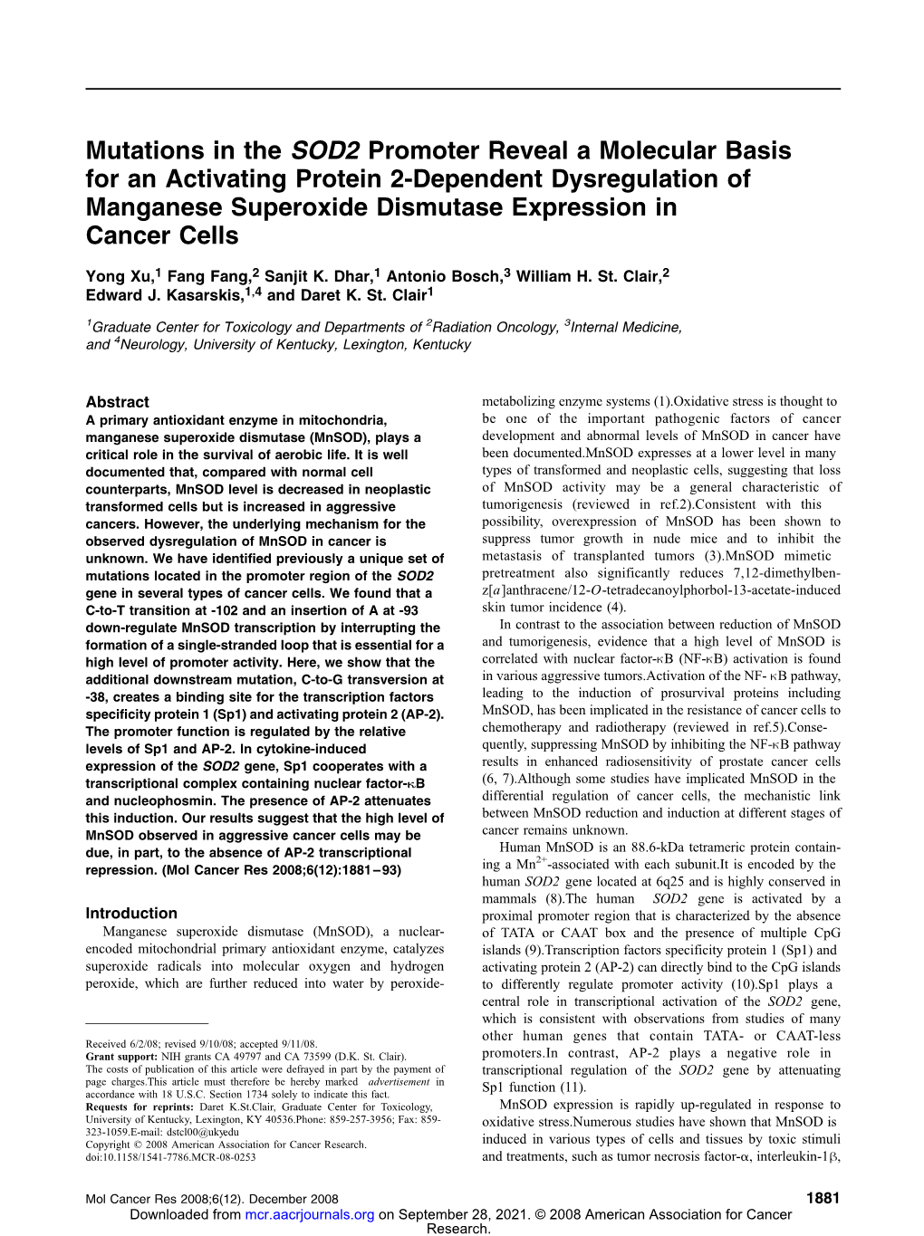 Mutations in the SOD2 Promoter Reveal a Molecular Basis for An