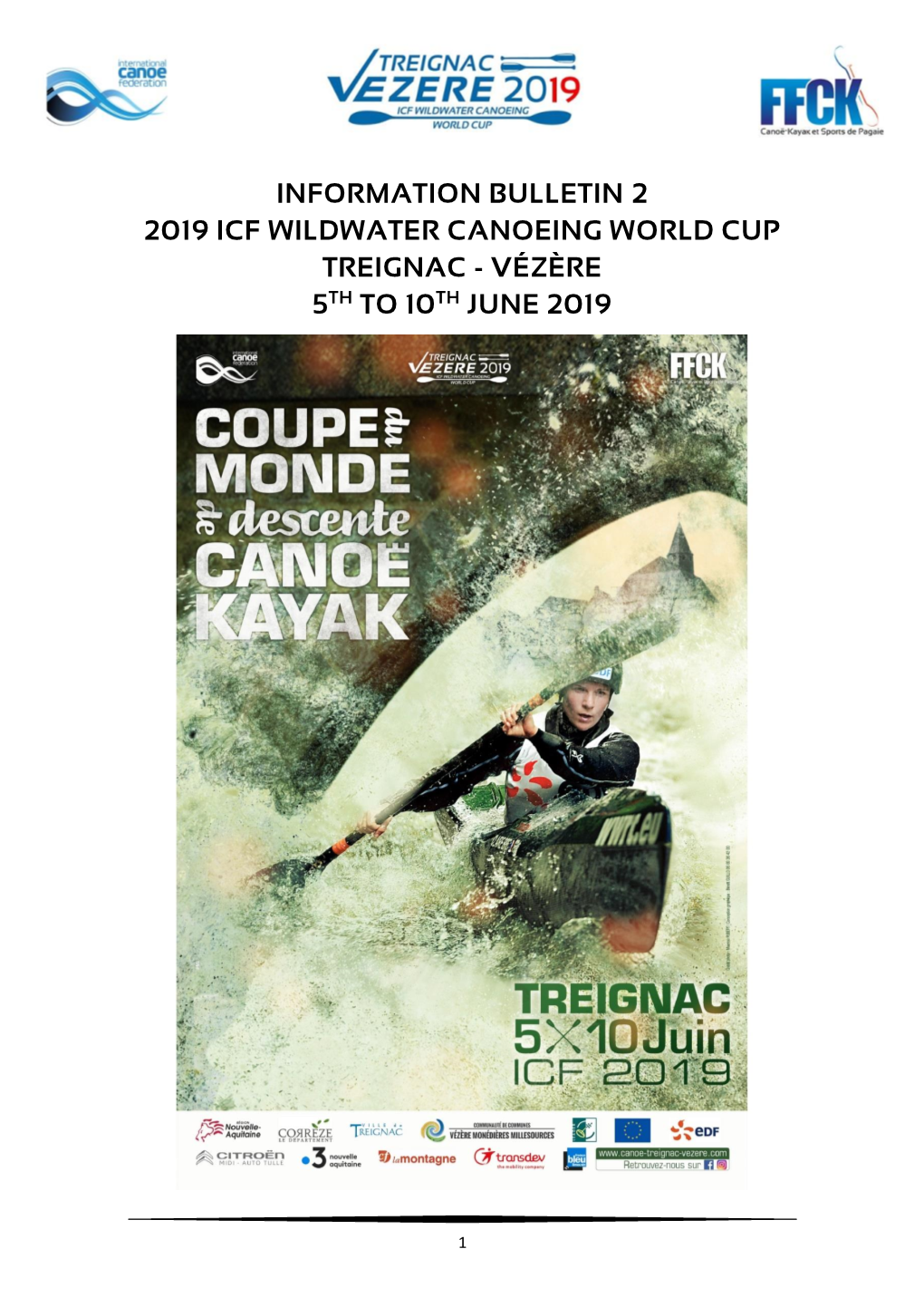Information Bulletin 2 2019 Icf Wildwater Canoeing World Cup Treignac - Vézère 5Th to 10Th June 2019