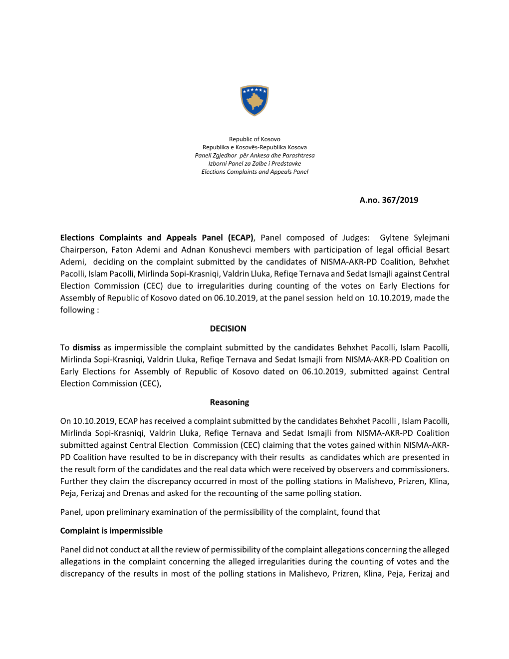 A.No. 367/2019 Elections Complaints and Appeals Panel (ECAP)