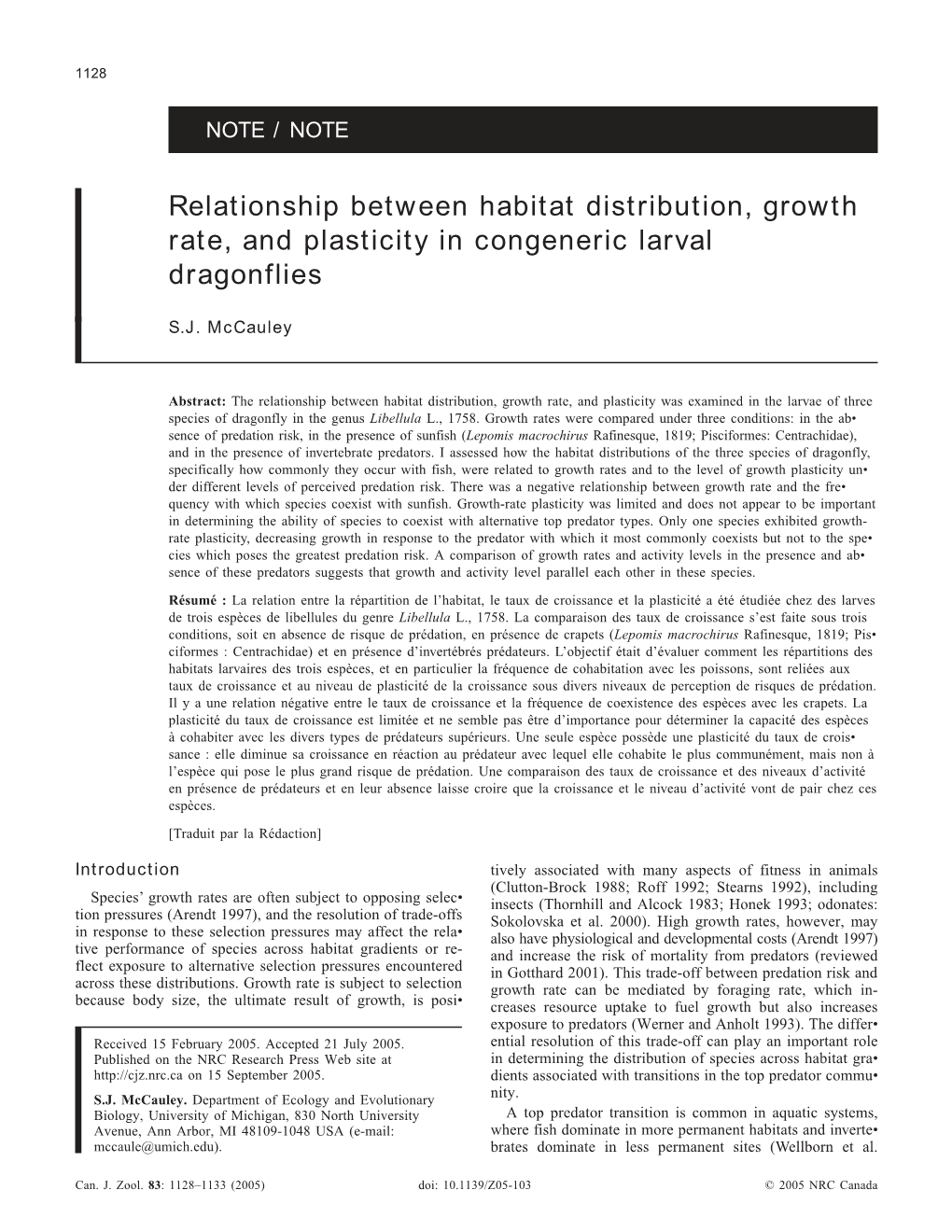 Relationship Between Habitat Distribution, Growth Rate, and Plasticity in Congeneric Larval Dragonflies