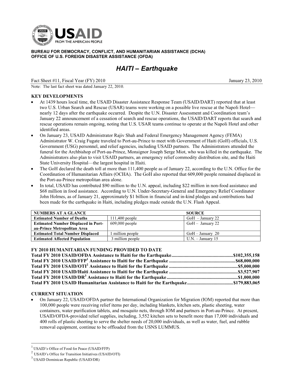 USAID-DCHA Haiti Earthquake Fact Sheet #11 1/23/2010