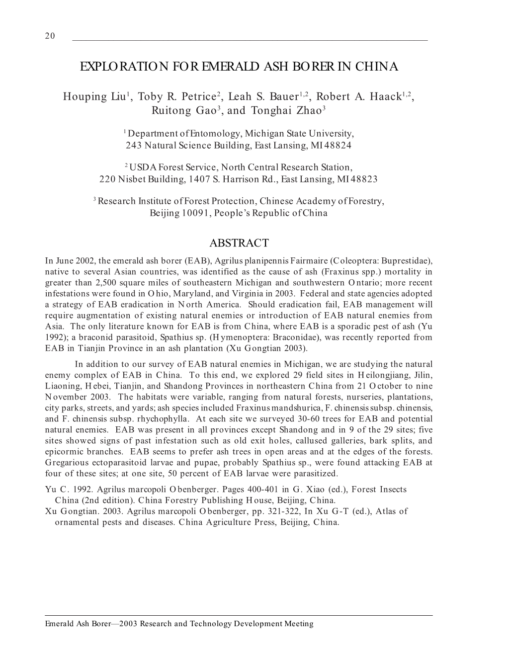 Exploration for Emerald Ash Borer in China