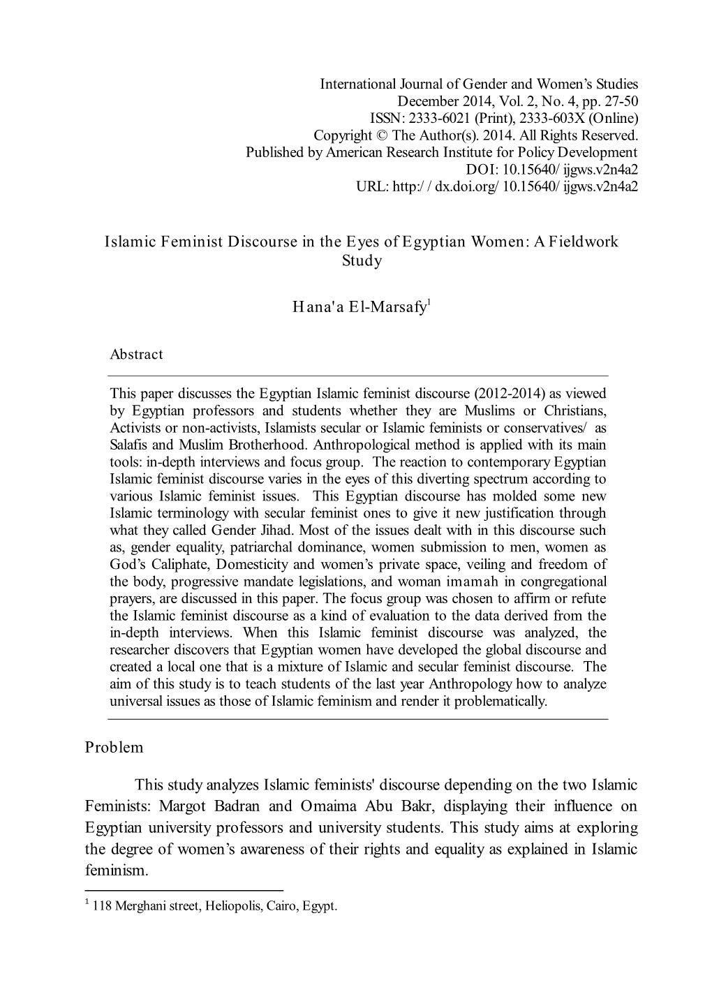 Islamic Feminist Discourse in the Eyes of Egyptian Women: a Fieldwork Study