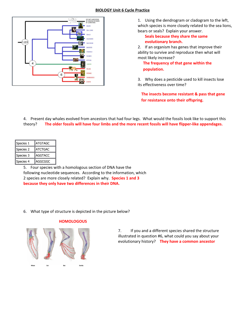 BIOLOGY Unit 6 Cycle Practice