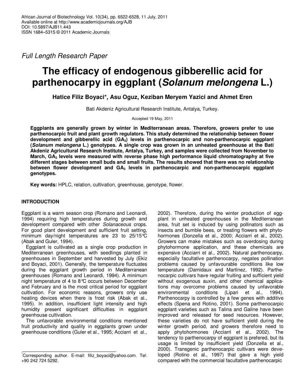 The Efficacy of Endogenous Gibberellic Acid for Parthenocarpy in Eggplant (Solanum Melongena L.)