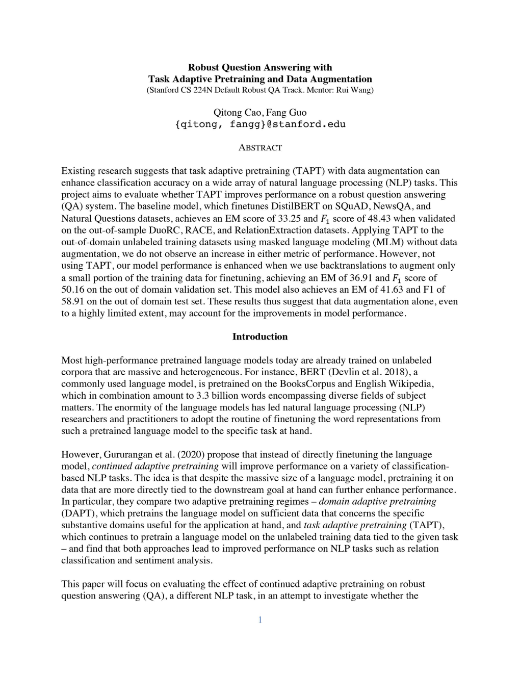 Robust Question Answering with Task Adaptive Pretraining and Data Augmentation Qitong Cao, Fang