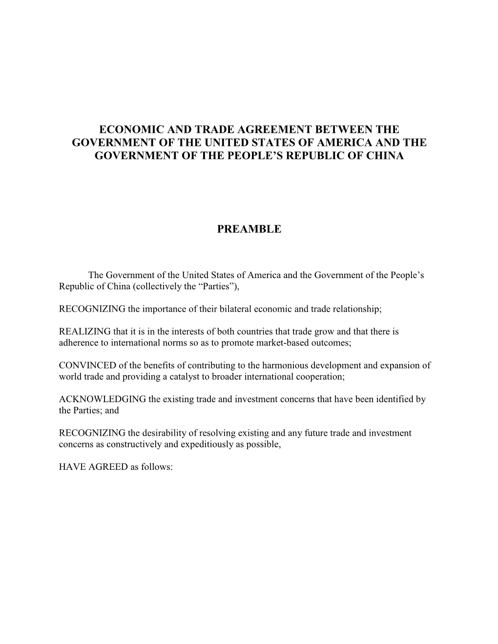 Economic and Trade Agreement Between the Government of the United States of America and the Government of the People’S Republic of China