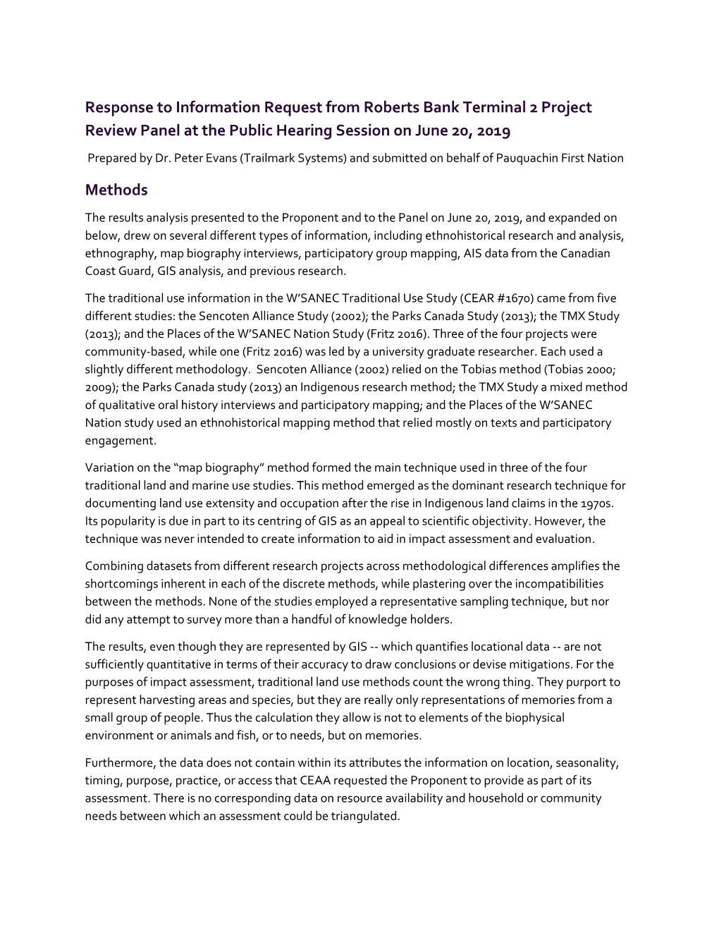 2019-06-28 Pauquachin First Nation Response to RBT2 Review Panel