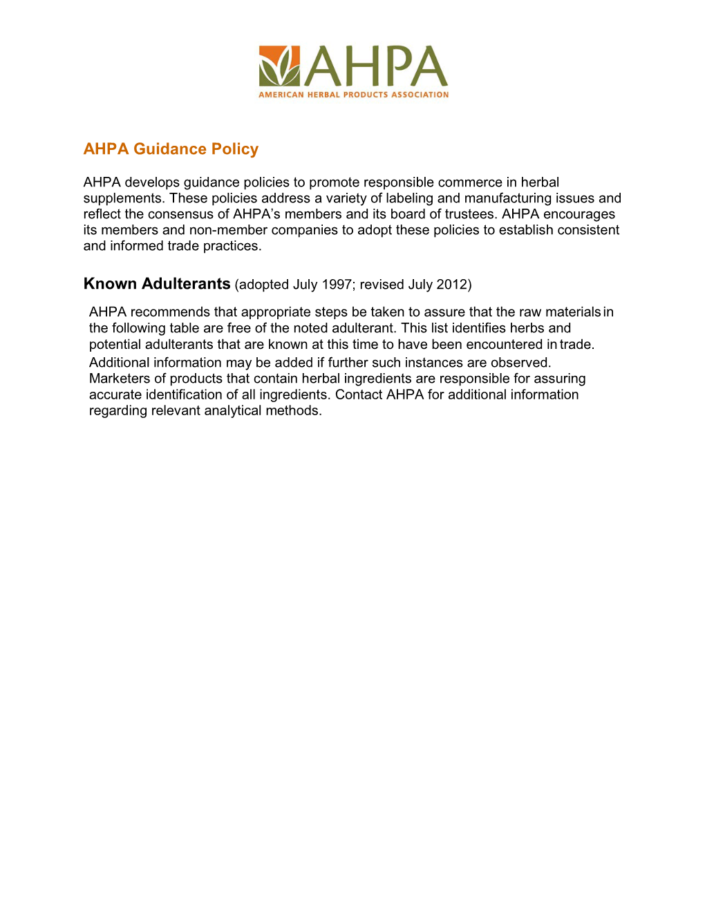 AHPA Guidance Policy