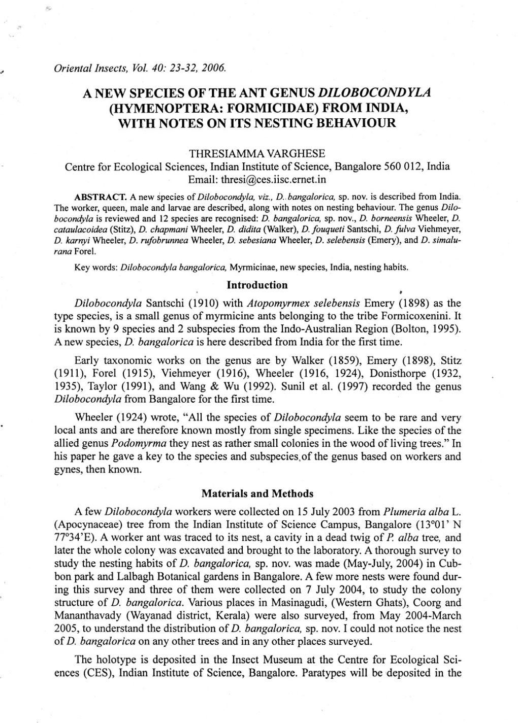 Varghese, T. (2006). a New Species of the Ant Genus Dilobocondyla