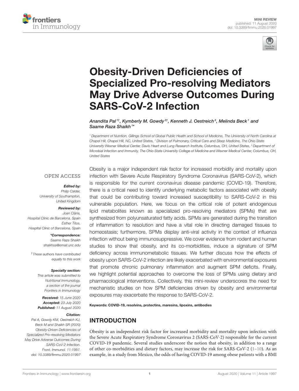 Obesity-Driven Deficiencies of Specialized Pro-Resolving