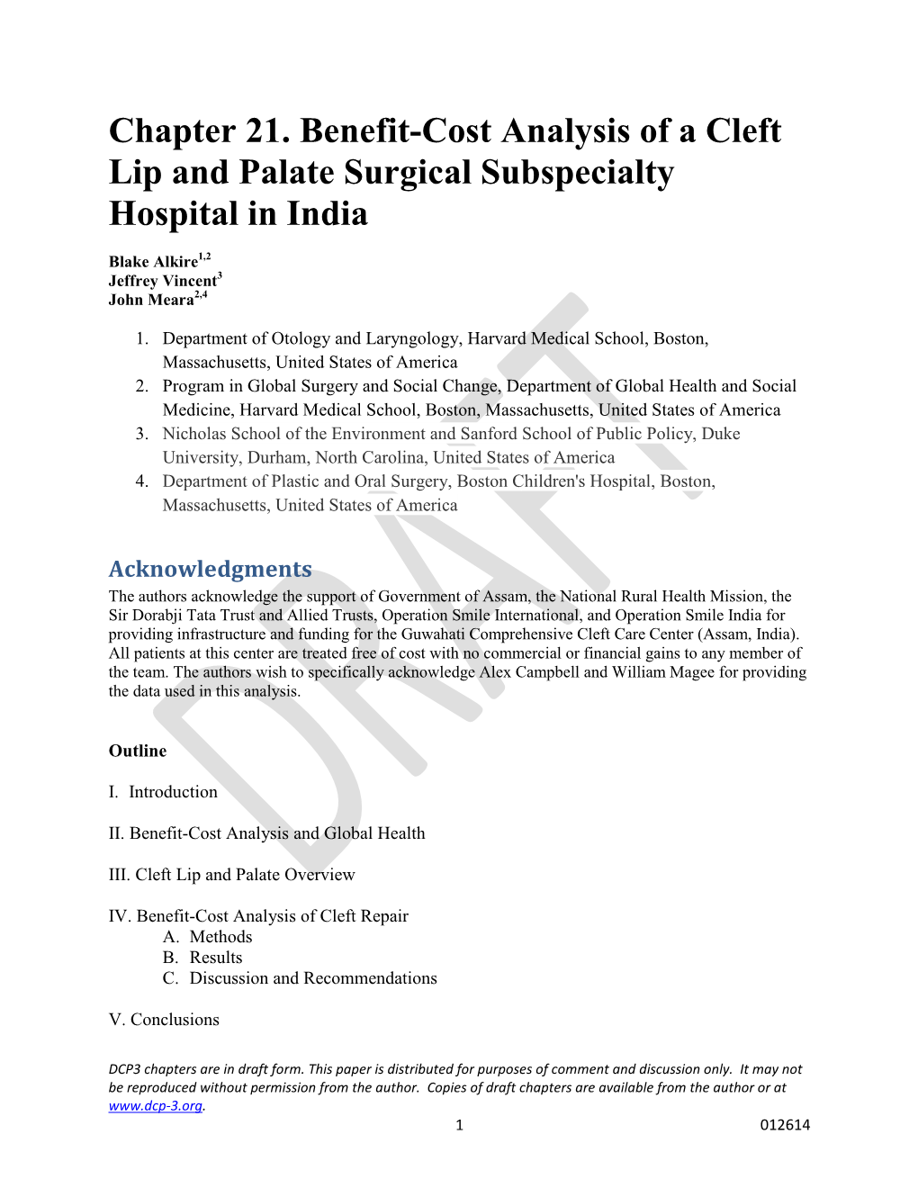 Chapter 21. Benefit-Cost Analysis of a Cleft Lip and Palate Surgical Subspecialty Hospital in India