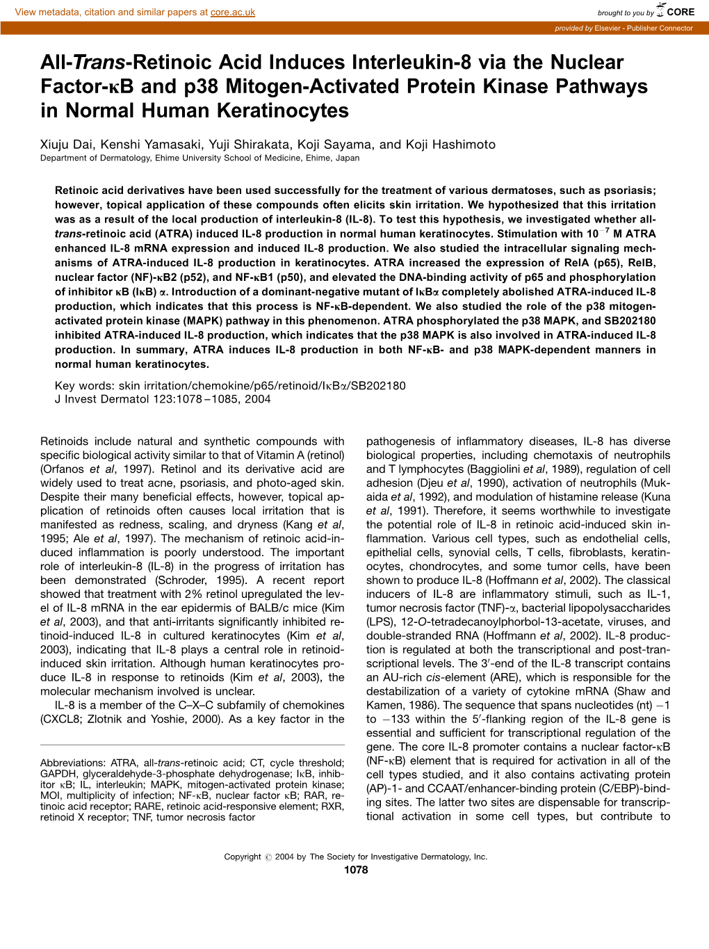 All-Trans-Retinoic Acid Induces Interleukin-8 Via the Nuclear Factor-Jb and P38 Mitogen-Activated Protein Kinase Pathways in Normal Human Keratinocytes